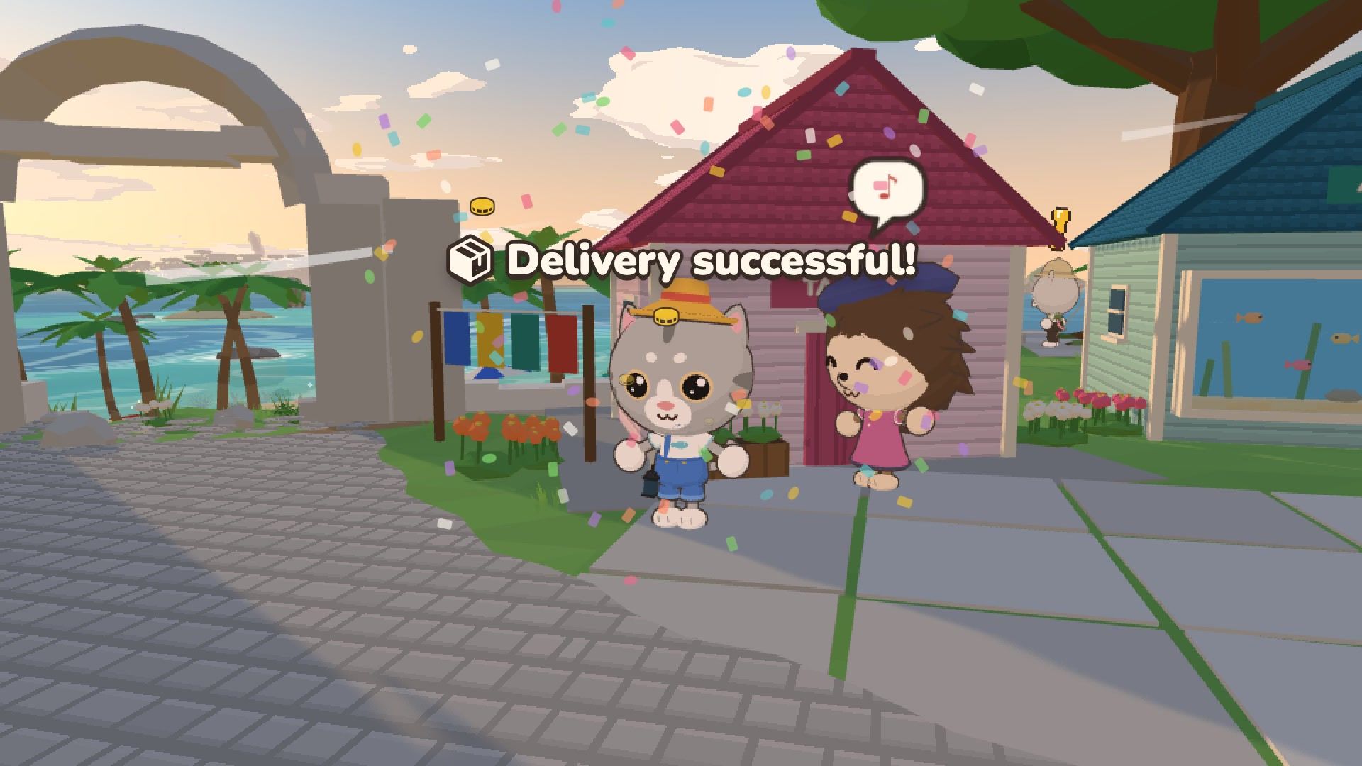 The cat hands over a parcel to a happy hedgehog. Confetti and the words "Delivery successful!"