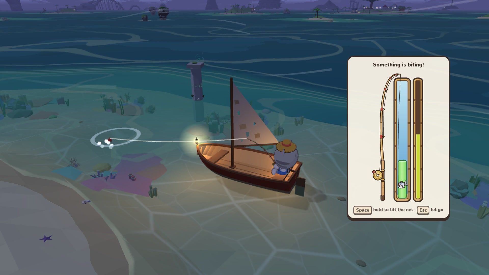 Night fishing from the boat with the lantern lit, and a fishing card that says "Something is biting!"