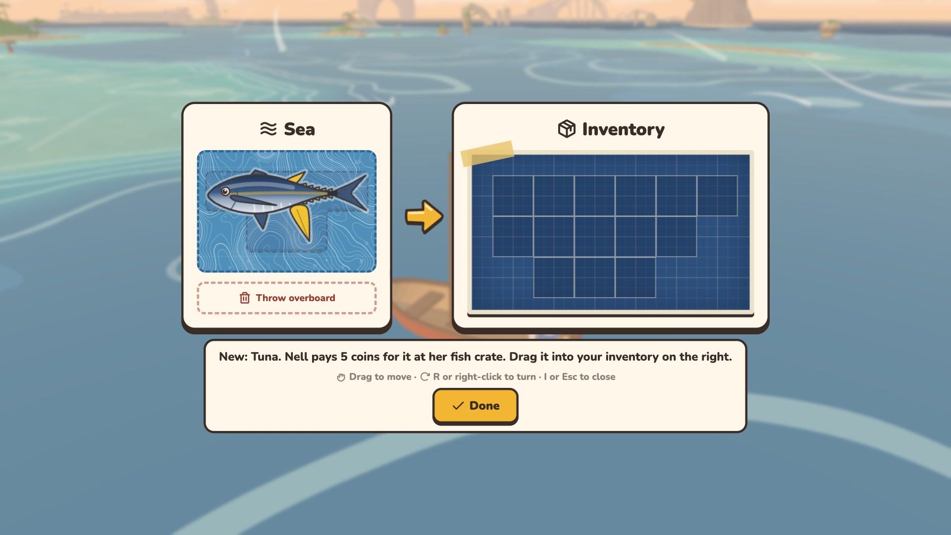 A freshly caught tuna, ready to drag into the boat inventory.