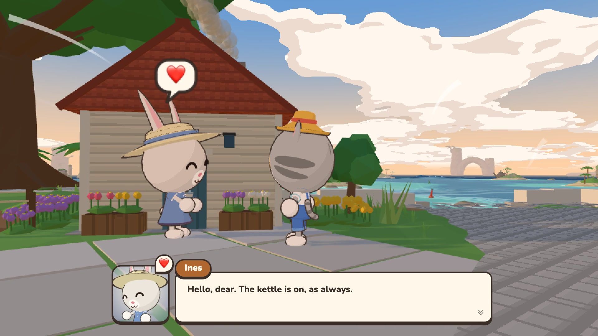 The cat chats with Ines, a rabbit in a straw hat, outside her house. "Hello, dear. The kettle is on, as always."