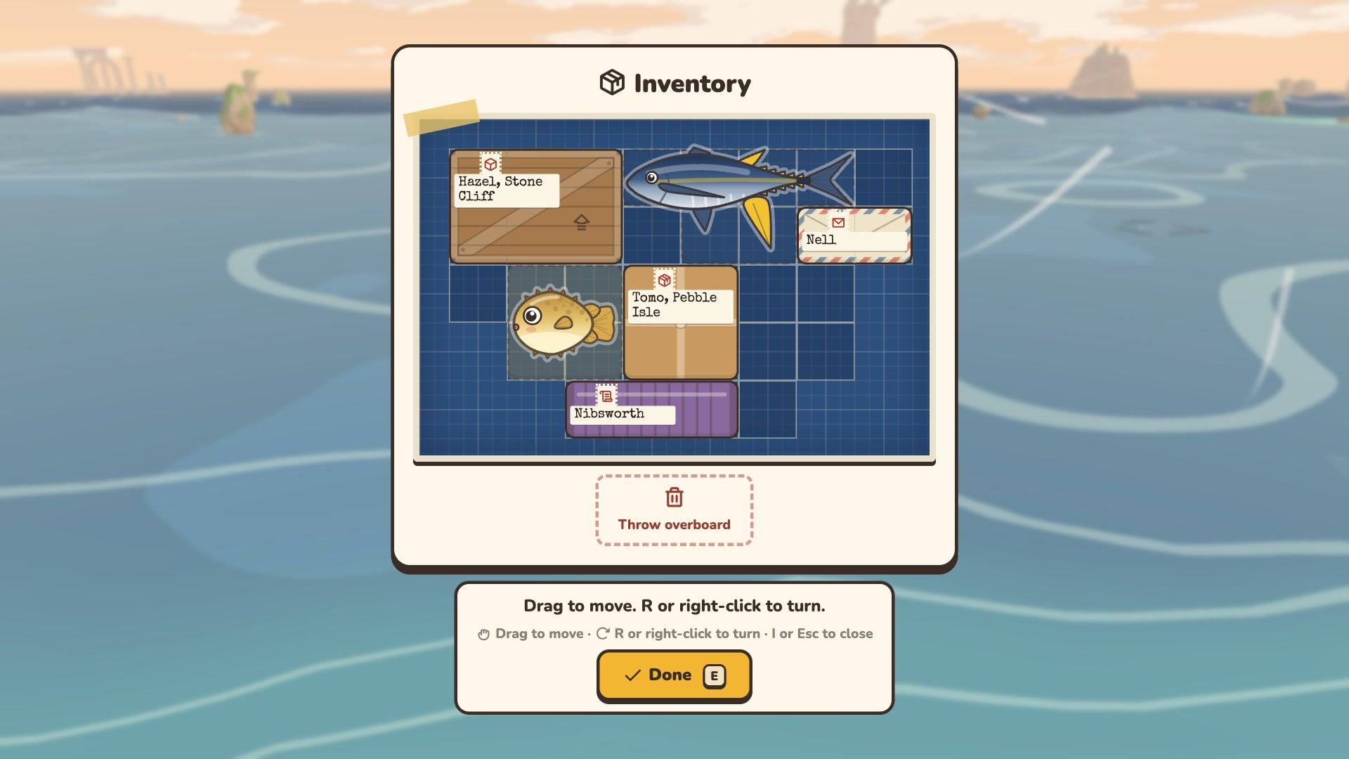 The cargo grid, packed with parcels, letters, a tuna and a pufferfish.