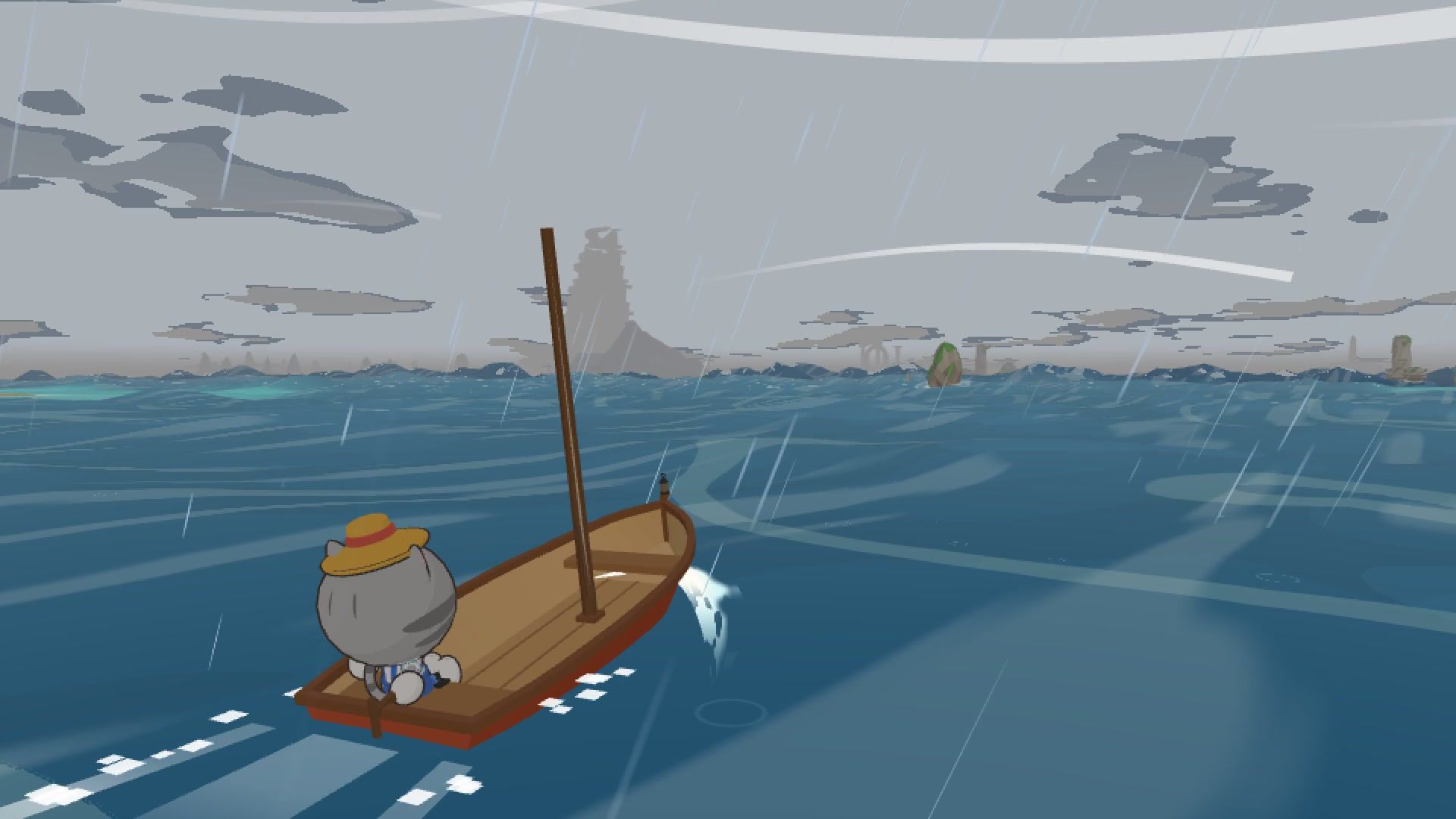 The cat sails the little boat through a grey storm with rain.