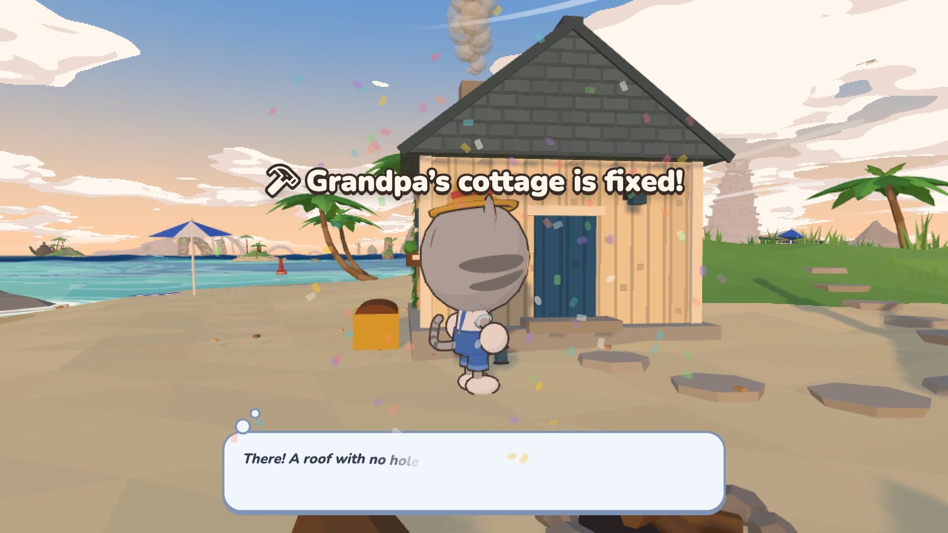 The cat stands in front of the fixed cottage. The words "Grandpa's cottage is fixed!"