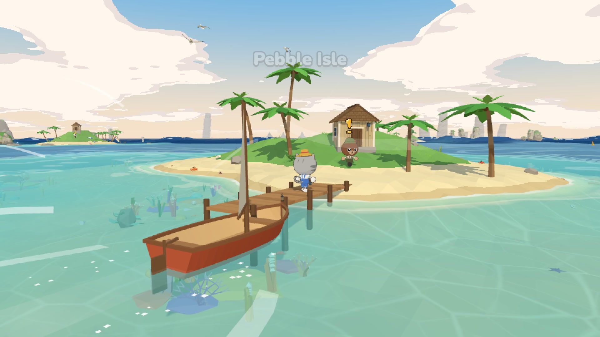 The boat arrives at the dock of Pebble Isle, a small island with palm trees and a hut.