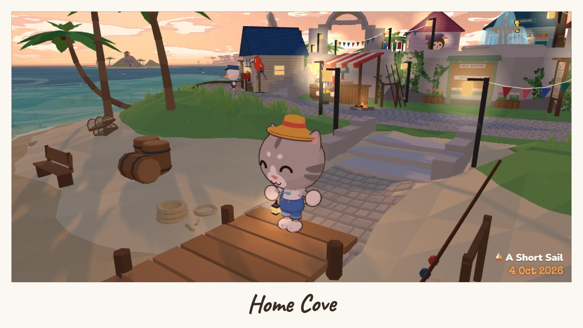 A photo-mode picture of the cat on the Home Cove dock at dusk, with the caption "Home Cove".