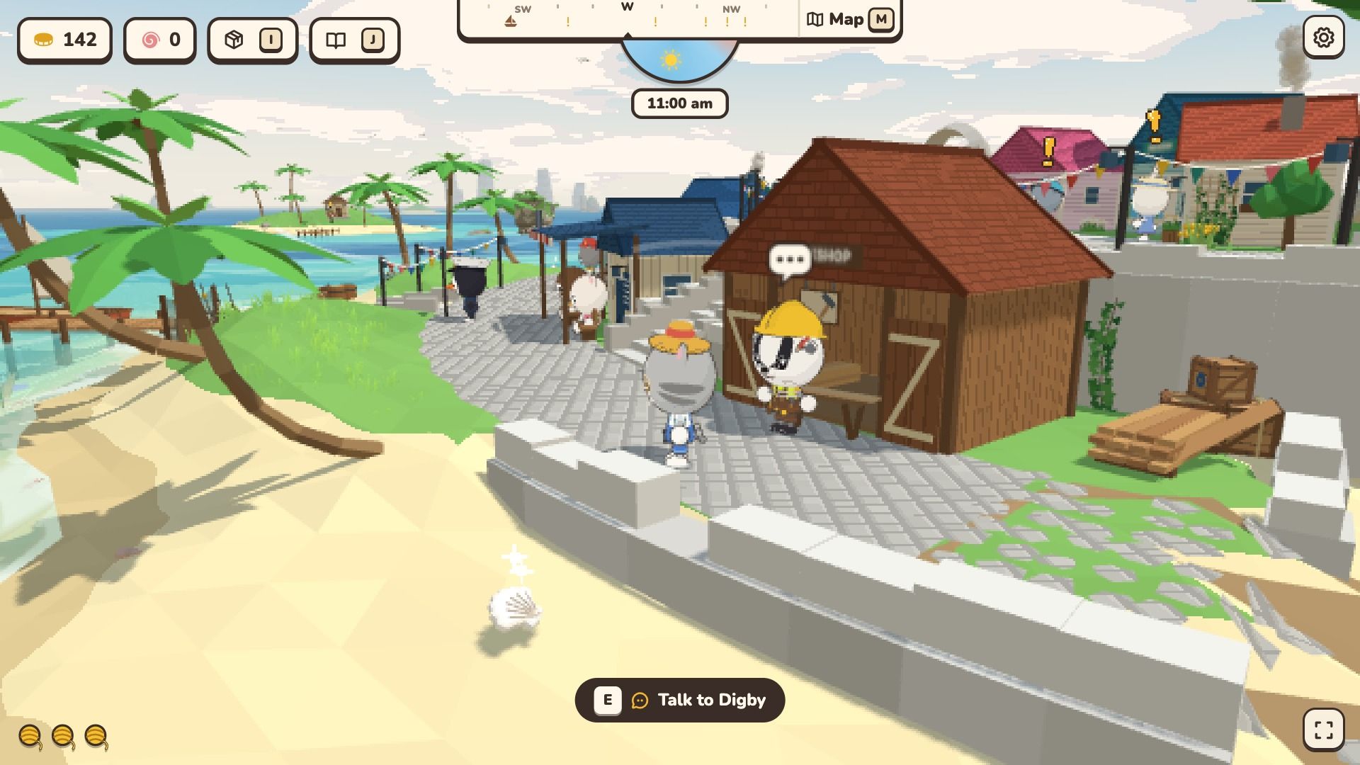 The cat talks to Digby the badger on a cobbled village path by the sea, with palm trees and the game buttons around the screen.
